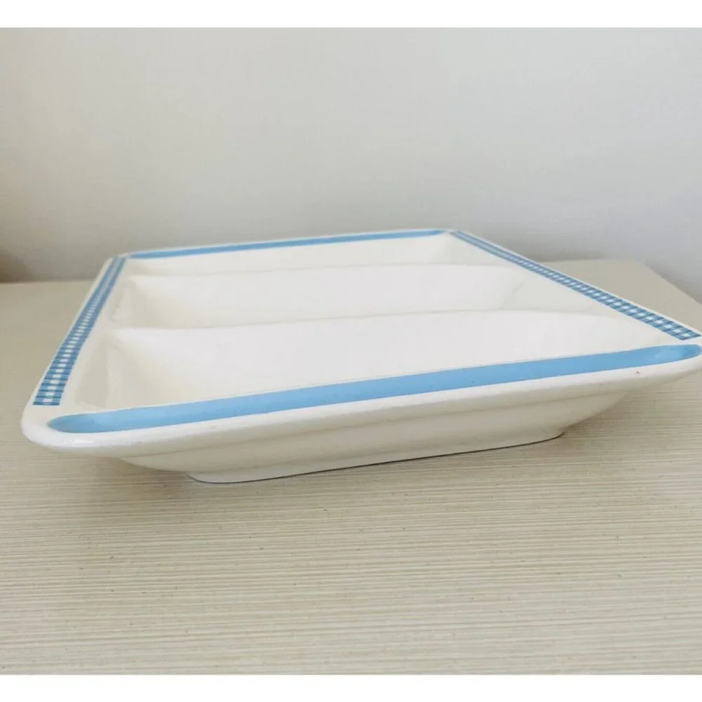 Vintage MCM Divided Tray Platter Blue Ivory Tree Sun Chicken *see flaws In Photo